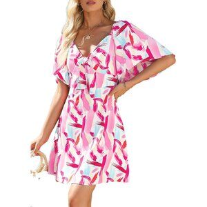 Womens Multicoloured Dresses 2024 Spring Summer Deep V Neck  Bow tie Mini Dress